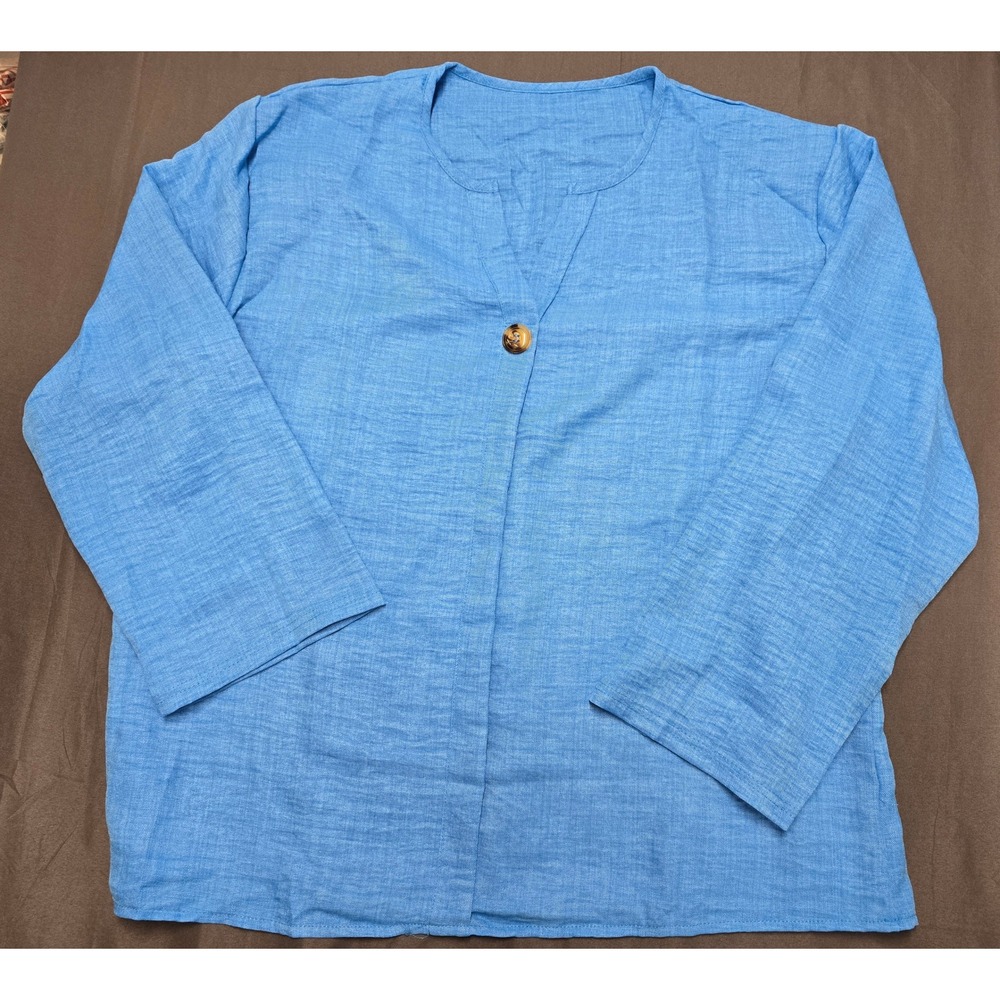 Womens Blue Linen Blend 2 Piece Set Wide Leg Pants and V-Neck Top Loungewear